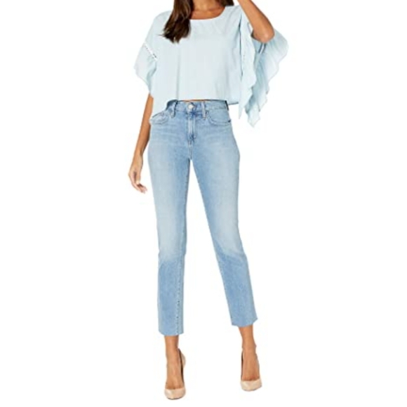 BCBGeneration Top Cropped Ruffled Short Sleeve White Eyelet Chambray Blue L NWT - Picture 14 of 16